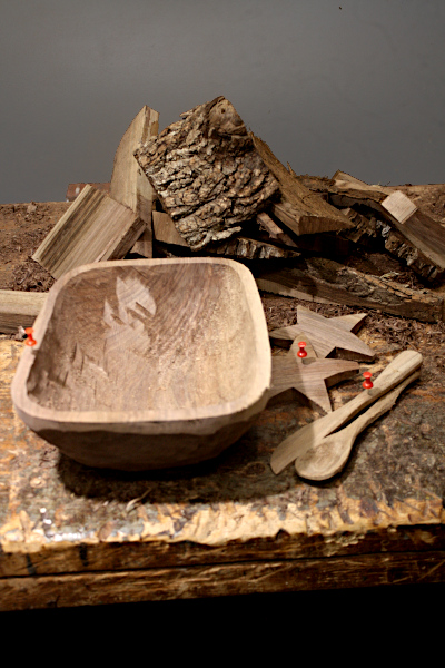 Hollowed out bowl and smaller 
		pieces from red section.