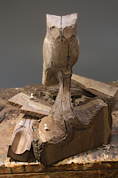 Roughed out owl and utensils from white section.